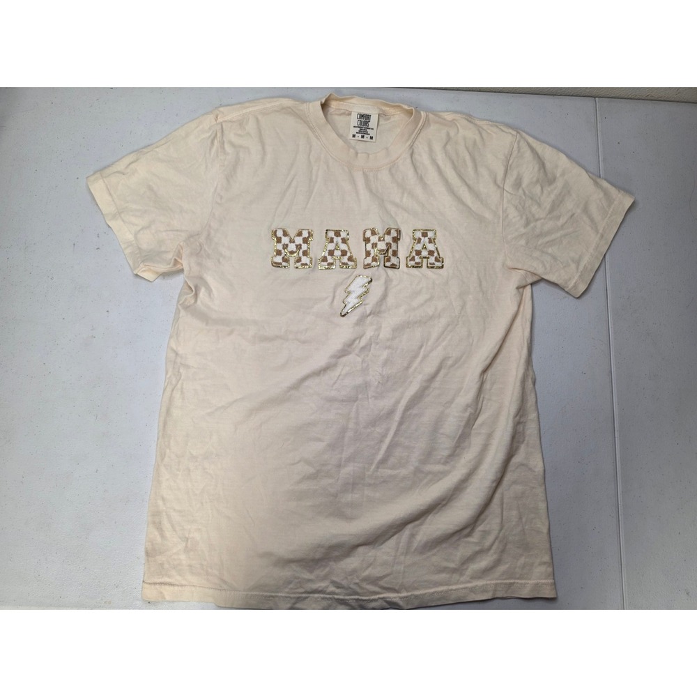 Comfort Colors Mama Checkered Chenille Patch T-Shirt Cream Gold Glitter Medium